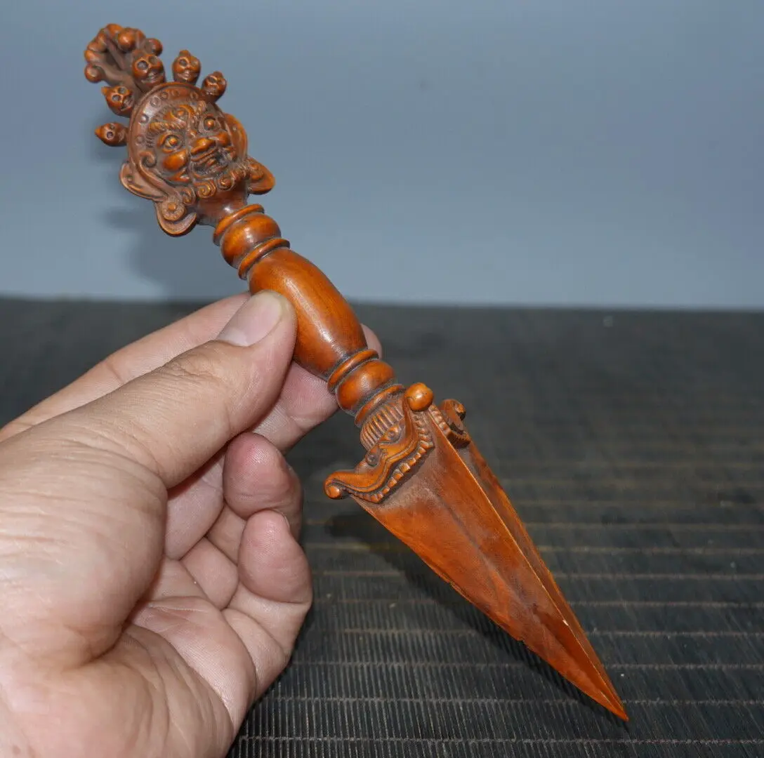 

8" Collect China Box-wood Carving Phurba Dagger Holder Xiangmo-chu Statue