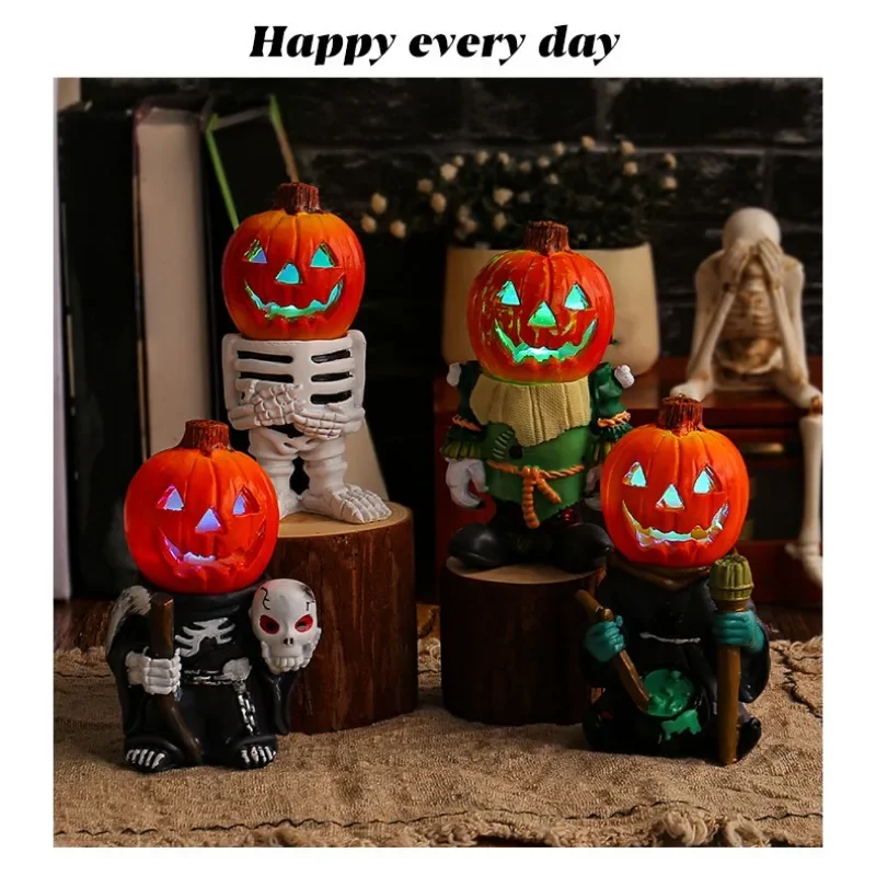 Halloween LED Light Pumpkins Knight Desktop Ornaments, Decorative Glowing Small Pumpkins Head Ghost, Resin Garden Decoration