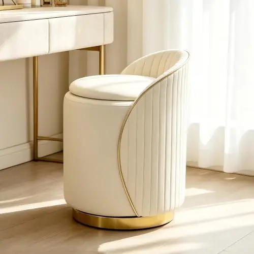 360° Swivel Vanity Chair/Stool with Storage Leather, Ottoman with Storage, Tall Ottoman, Vanity Chair with Backrest and