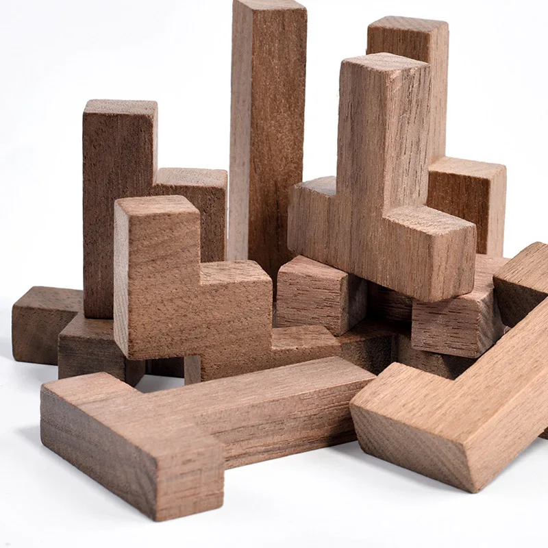 Walnut Russian Blocks Puzzle 3D Wooden Jigsaw Tangram IQ Logic Training Brain Teaser Montessori Educational Toys Learning Games