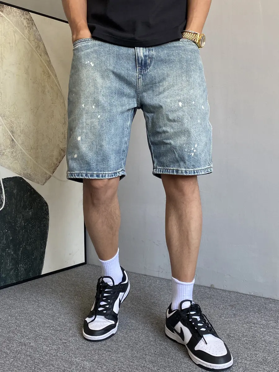 Washed American Casual Vintage Men's Denim Shorts Summer New Straight Loose Five-Point Trendy Jeans mid Waist Zipper Fly