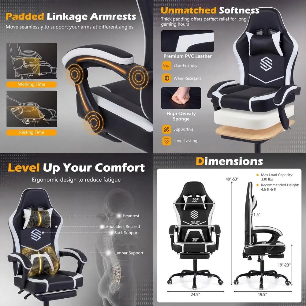 

Эргономичное регулируемое игровое кресло с подголовником, поясничной опорой, откидной спинкой и подставкой для ног (черное)