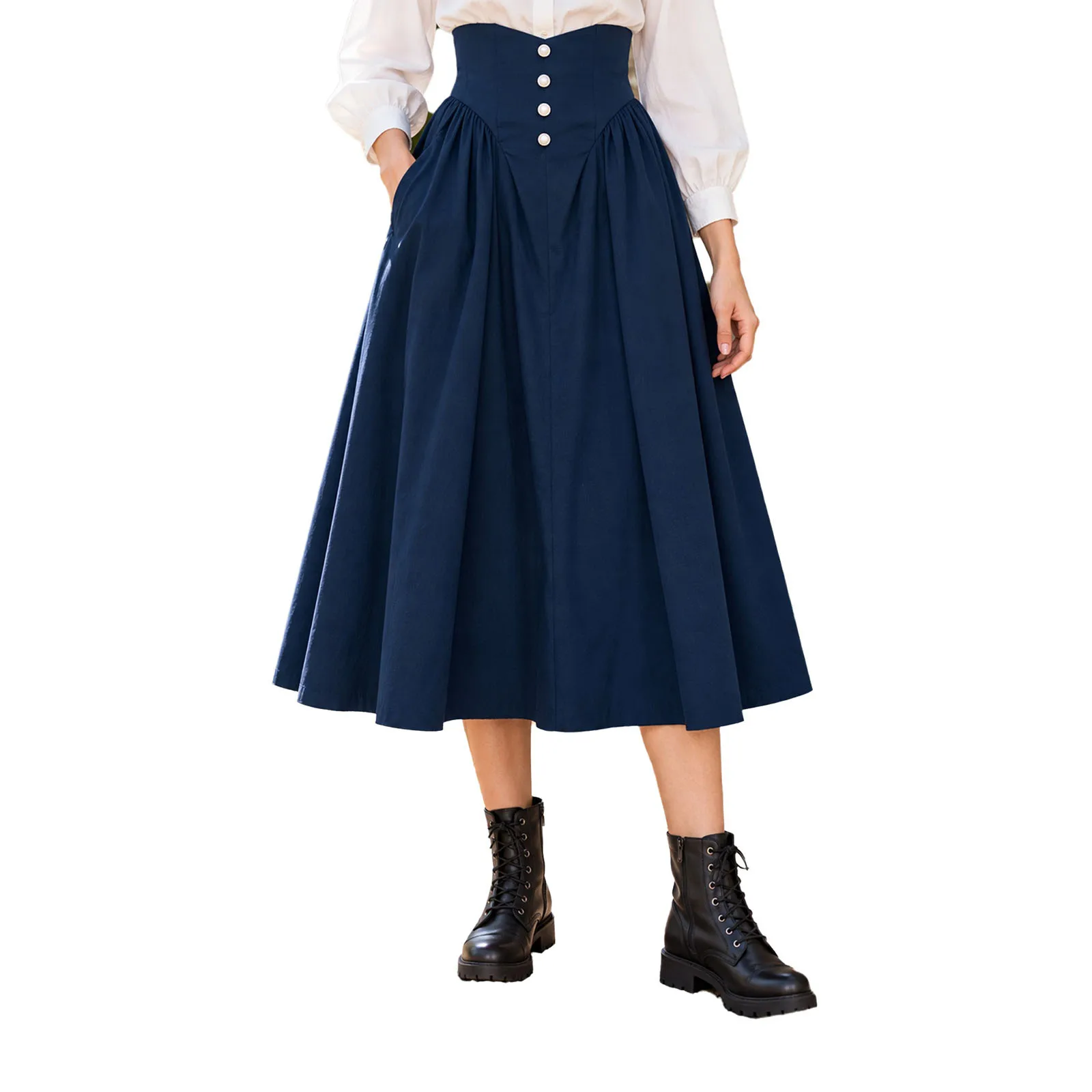 Womens Medieval Renaissance Victorian Skirt High Waist A-line Ruffled Skirts with Pockets Halloween Party Costume Streetwear