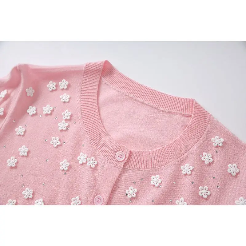 Spring Autumn 2025 round Neck Open Cardigan Knitted Long Sleeve Small Flower Heat Diamond Women's Sweet Style Regular Fit Swe...