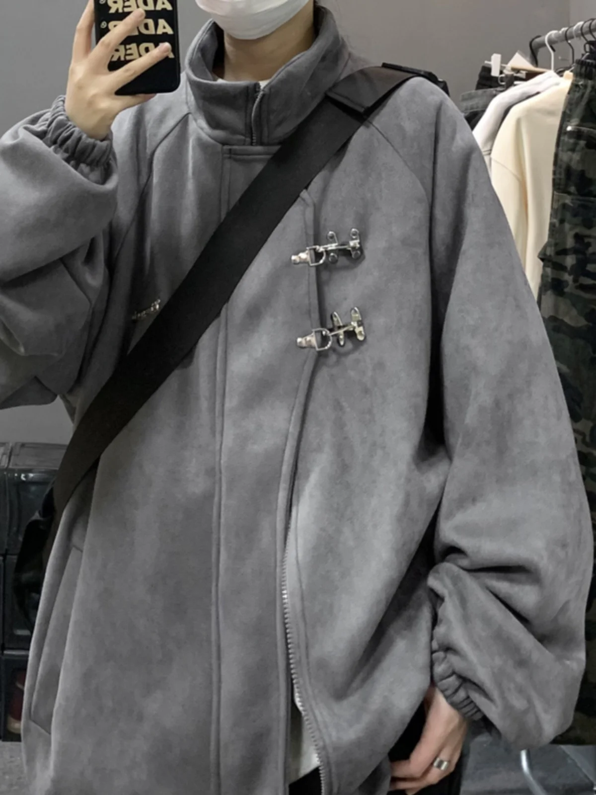 

Heavyweight Suede Stand Collar Jaet Men's Faion Street Loose oulder Insertion Aircrt Bule Jaet for Teenagers