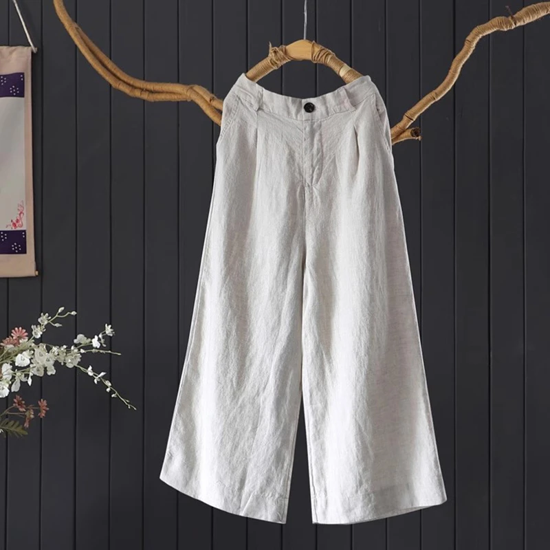 

100% Linen Women Ankle-length Wide Leg Pants New Arrival 2025 Summer Vintage Style Plain Color Loose Female Casual Pants M1729
