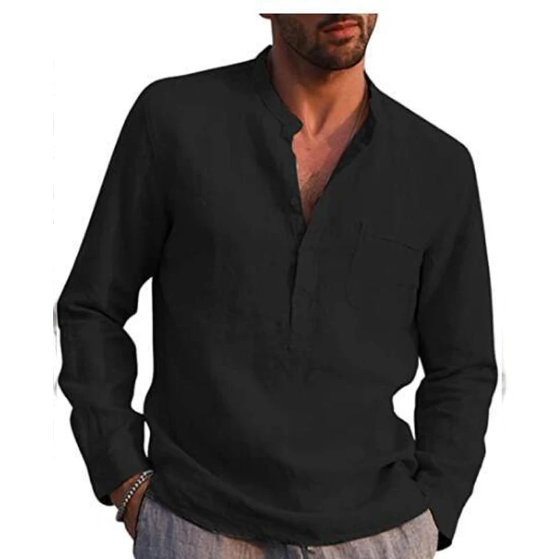 Spring Autumn New Solid Color Round Neck Button Long Sleeve Shirt Man Casual Loose Cotton Hemp All-match Comfortable Pullovers