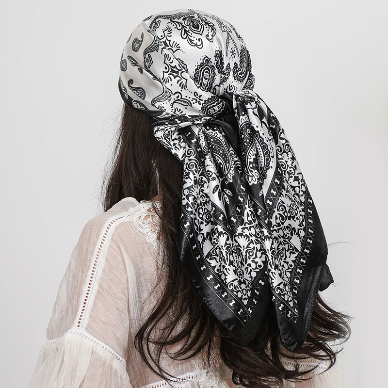 Bufanda cuadrada de satén de 90x90cm para mujer, Hijab de Cachemira con estampado de anacardo, pañuelo de seda, chal, diadema, accesorios para el cabello, Bandana