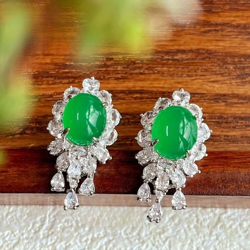 

Natural Green Chalcedony Tassel Earrings with Zircon Accents - Royal Vintage Design for Women, Wedding & Party Jewelry