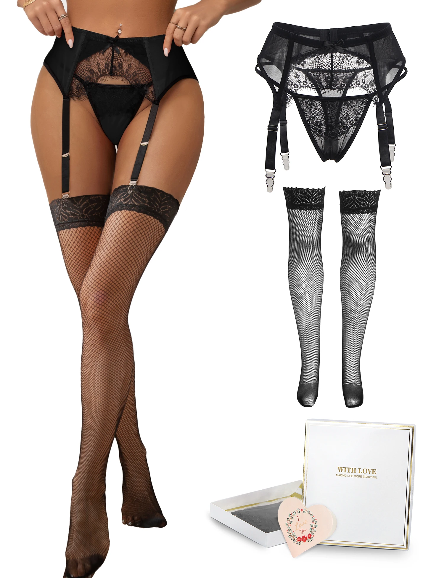 Vintage Sexy Lace Garter Belt Set for Women with Adjustable Straps Open Crotch Thong Plus Size Lingerie Suspender with Stocking
