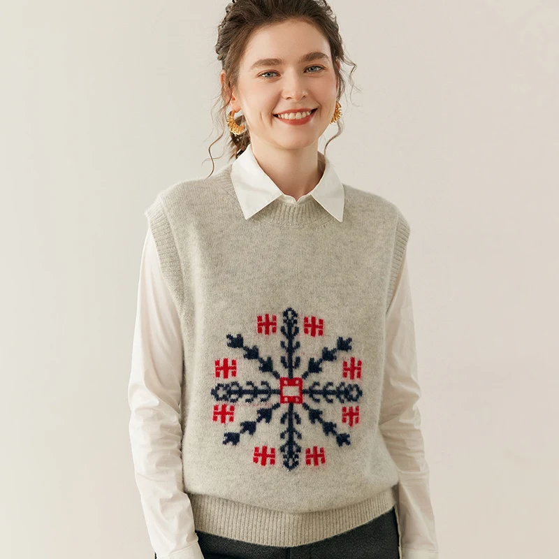 2025 Autumn Winter Women's 100% Cashmere Sweater O-neck Snow Jacquard Waistcoat Sleeveless Pullover Cashmere Knitwear New Chic