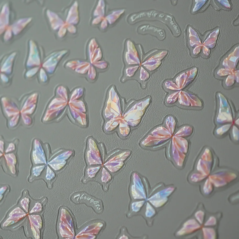 Calcomanías para uñas de mariposa con brillo de concha en relieve 5D, estilo Ins, calcomanías para uñas en relieve de ensueño para mujeres, decoración autoadhesiva para manicura DIY