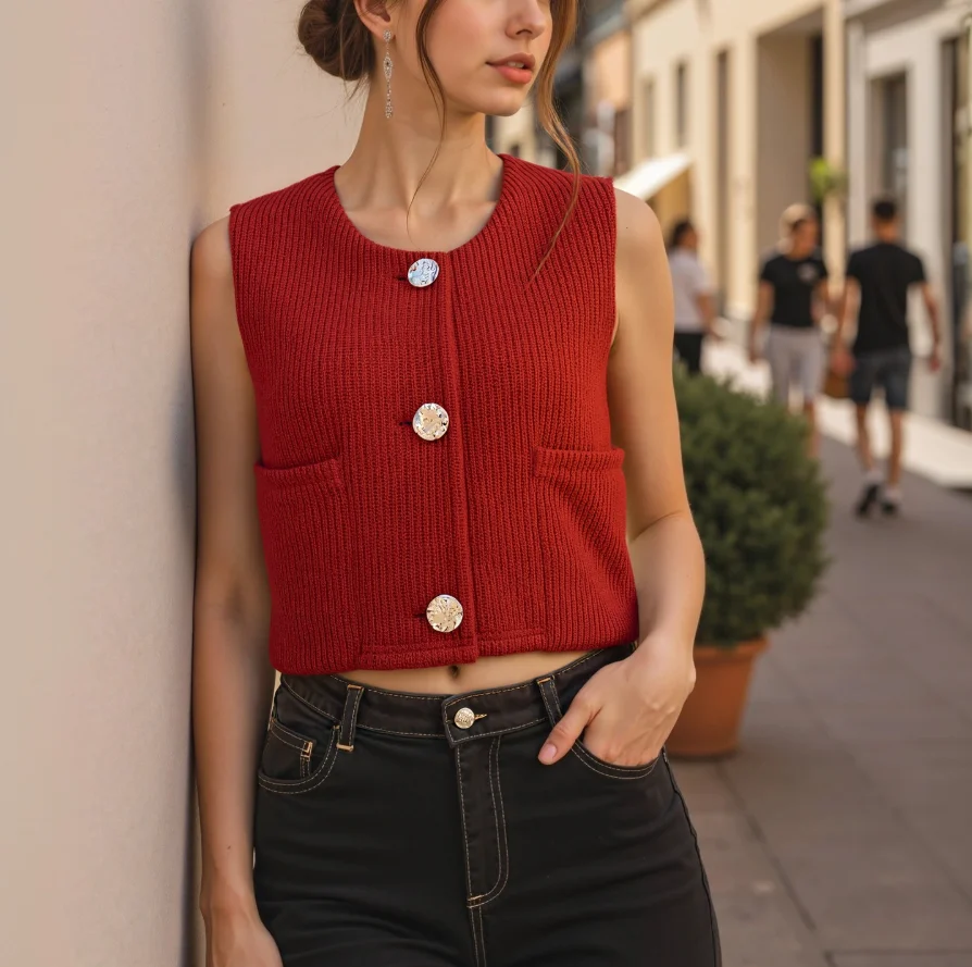 

Women's Vest 2026 Summer Solid Color Metal Button Front Sleeveless Knitted Elegant Casual Short Style Exposed Navel Women's Vest