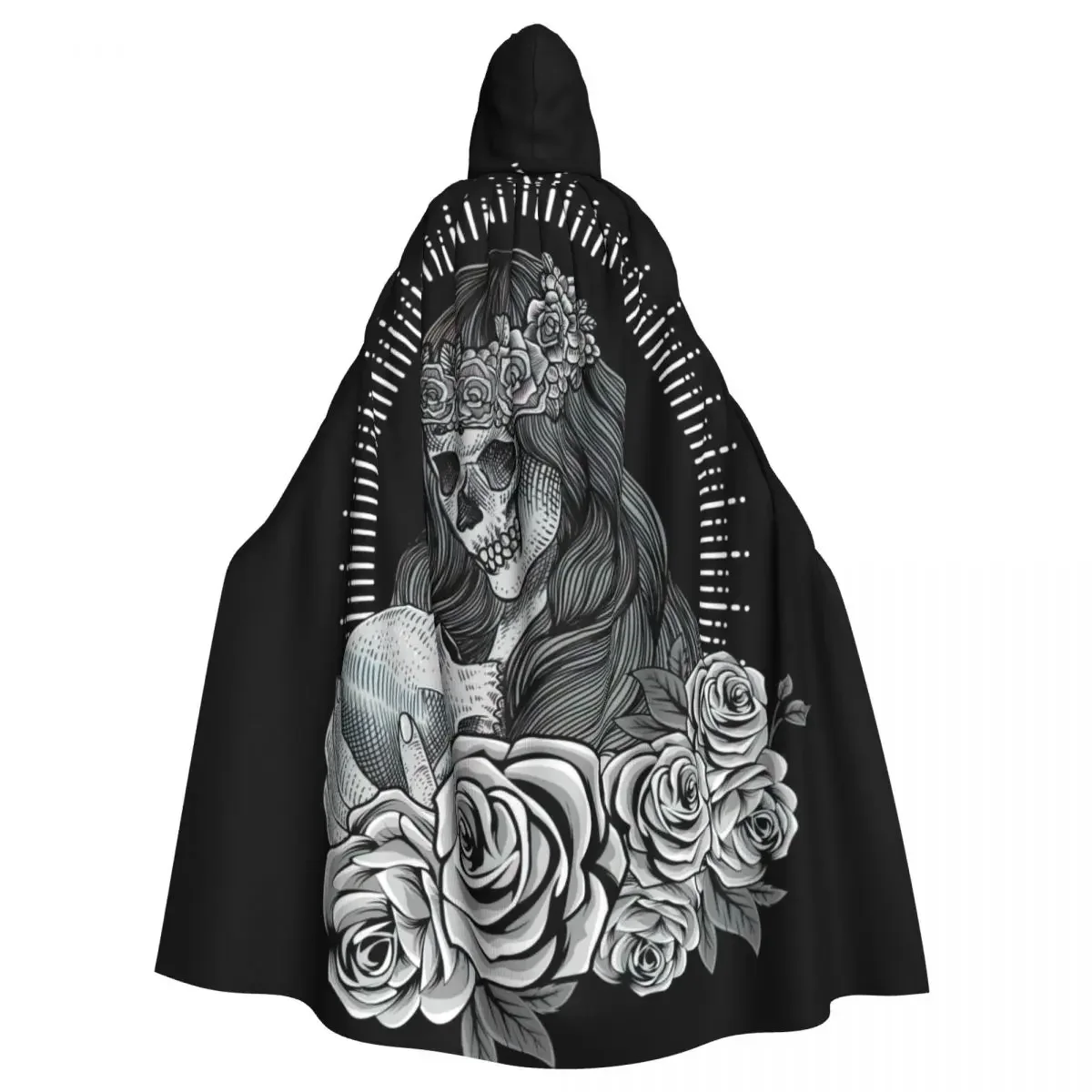 Sugar Skull Woman With Engraving Style Hooded Cloak Halloween Party Cosplay Woman Men Adult Long Witchcraft Robe Hood