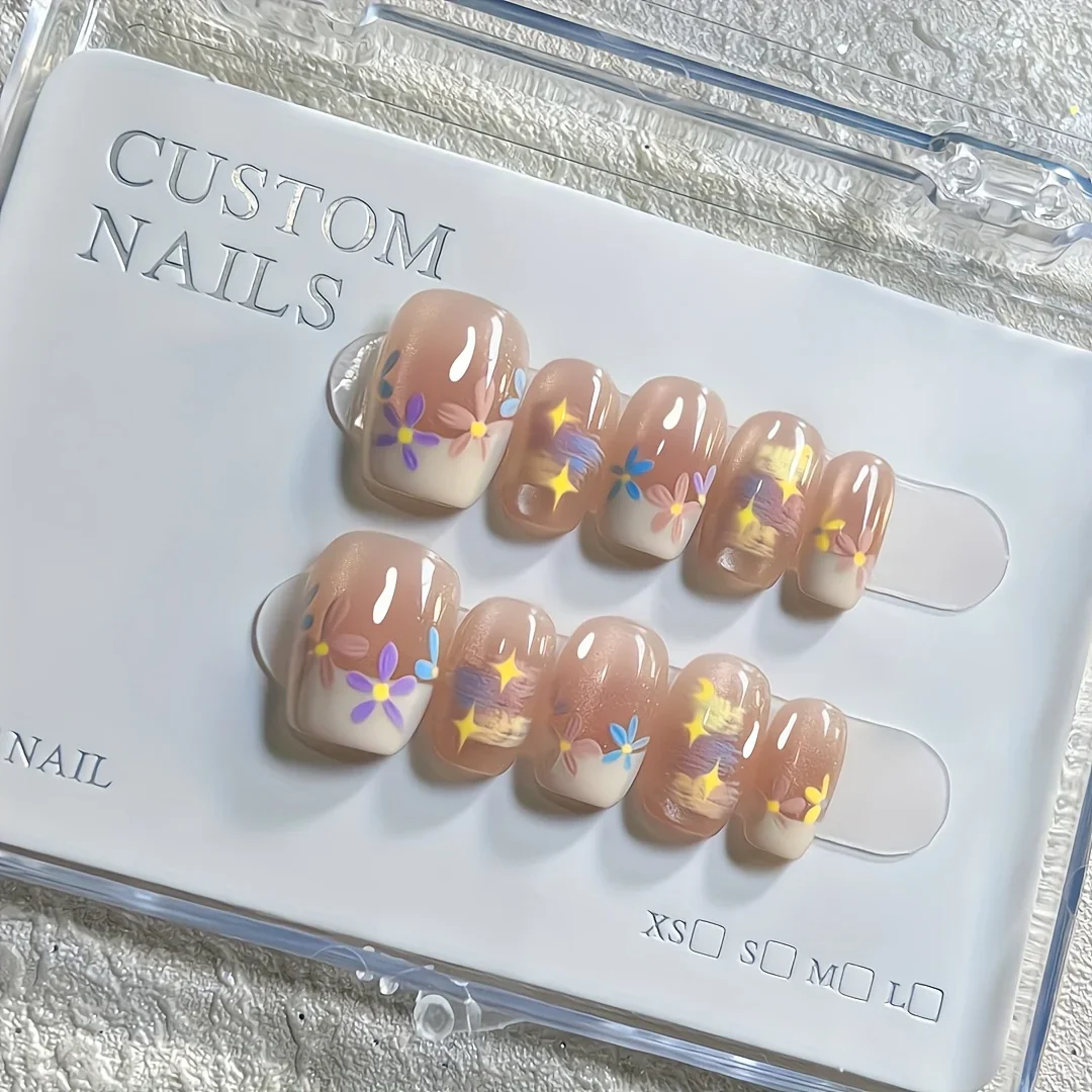 

10Pcs Elegant Press-On French Nail Tips Nude Pink Short Square Handmade Nail with Delicate Hand-Painted Floral&Star Accents Look