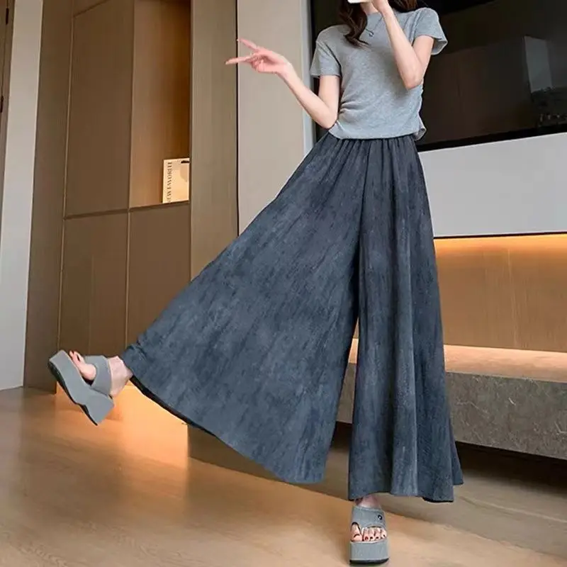 Summer new ice silk fashionable high waist slim fit A-line casual wide leg pants