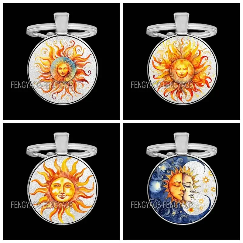 Sun and Moon Key Ring Suncatcher Glass Cabochon Keychain Pendant Keychains for Door Accessories Fashion Gift