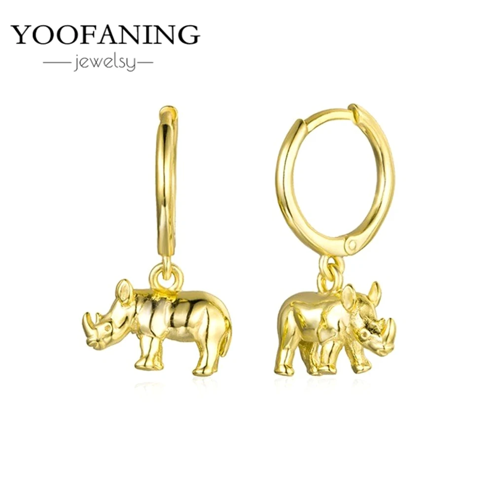 925 Sterling Silver Ear Needle High-end Gold Hoop Earrings Niche Three-dimensional Rhinoceros Design Women's Earrings Jewelry