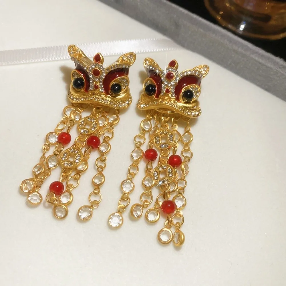 Chinese New Year Lion Dance Earrings Necklace Light Luxury Rhinestone Tassel Awakening Lion Pendant Pearl Crystal Copper