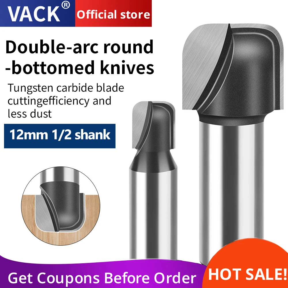 1/2 생크 더블 아크 라운드 하단 라우터 비트, 슬롯 라운드 노즈 우드 밀링 커터, CNC 조각 목공 도구, 12mm