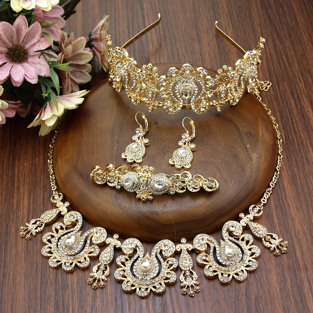 Sunspicems Gold Color Arabic Style Women Crown Earring Flower Necklace Charm Bracelet Moroccan Algeira Wedding jewelry Sets 