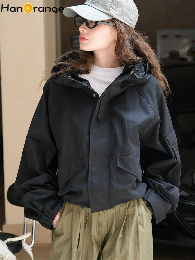 

HanOrange 2024 Autumn Stand Collar Hooded Jacket Women Loose Silhouette Casual Jacket Black/Khaki