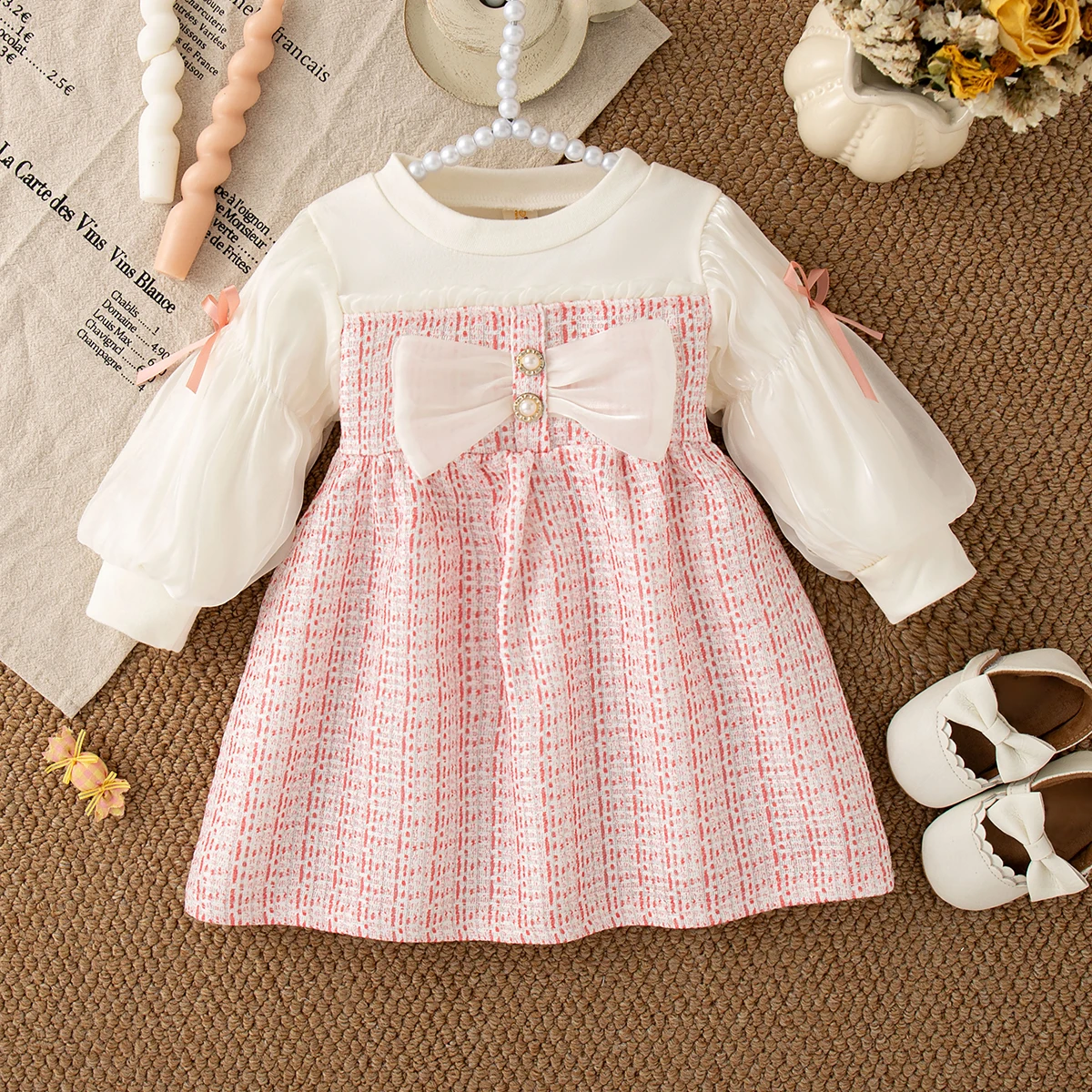 Frühling Herbst Bogen Rosa Plaid Süße Lange Ärmeln Kleid Neugeborenen Party Geburtstag Kleid Baby Mädchen Prinzessin Kleid