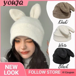 Gorros de punto con Orejas de conejo para mujer, gorro cálido de piel de conejo suave, gorro de esquí para niña, Otoño e Invierno