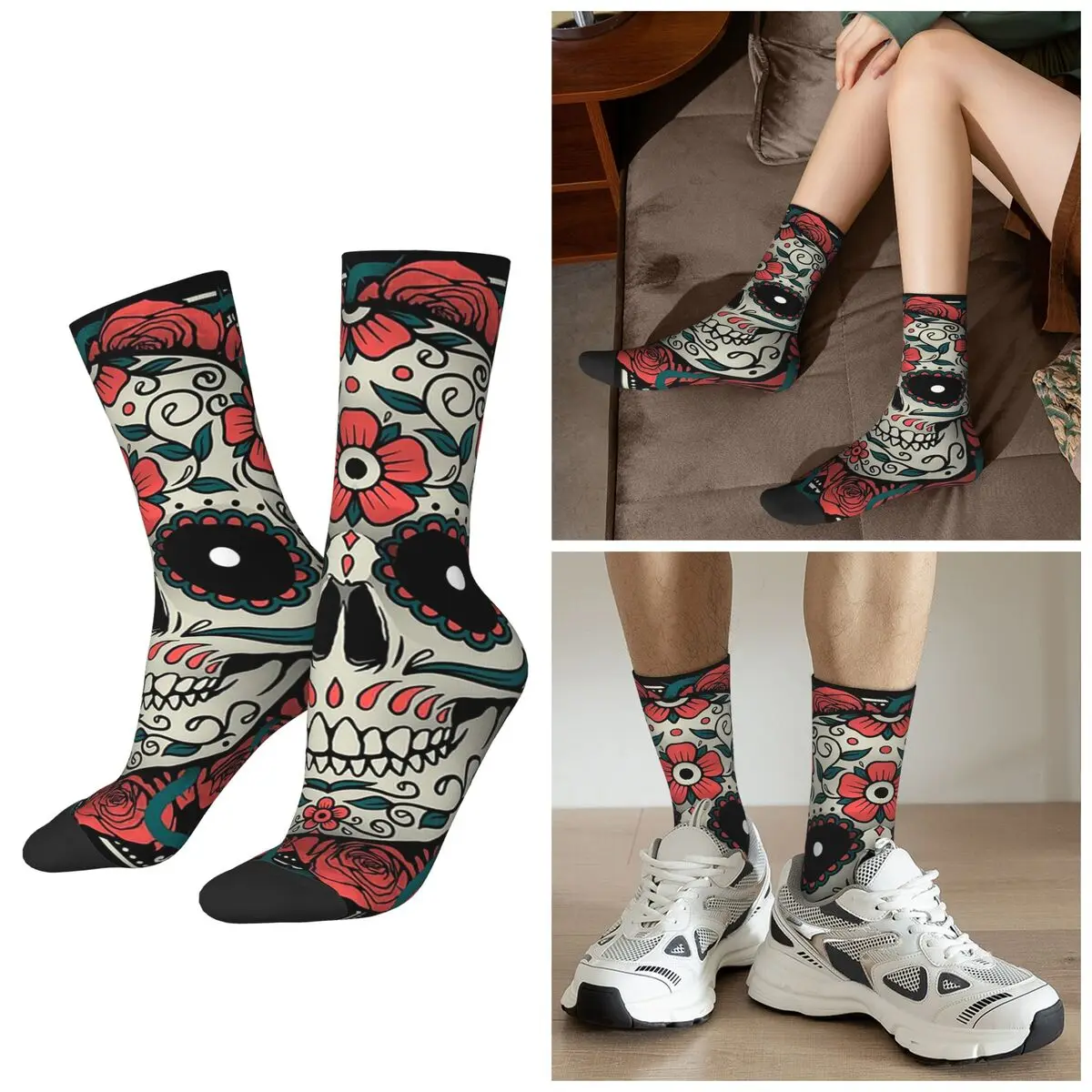 

Носки All Seasons Crazy Rock Demon Skull With Roses, спортивные носки средней длины в стиле Харадзюку, впитывающие пот, для мужчин и женщин