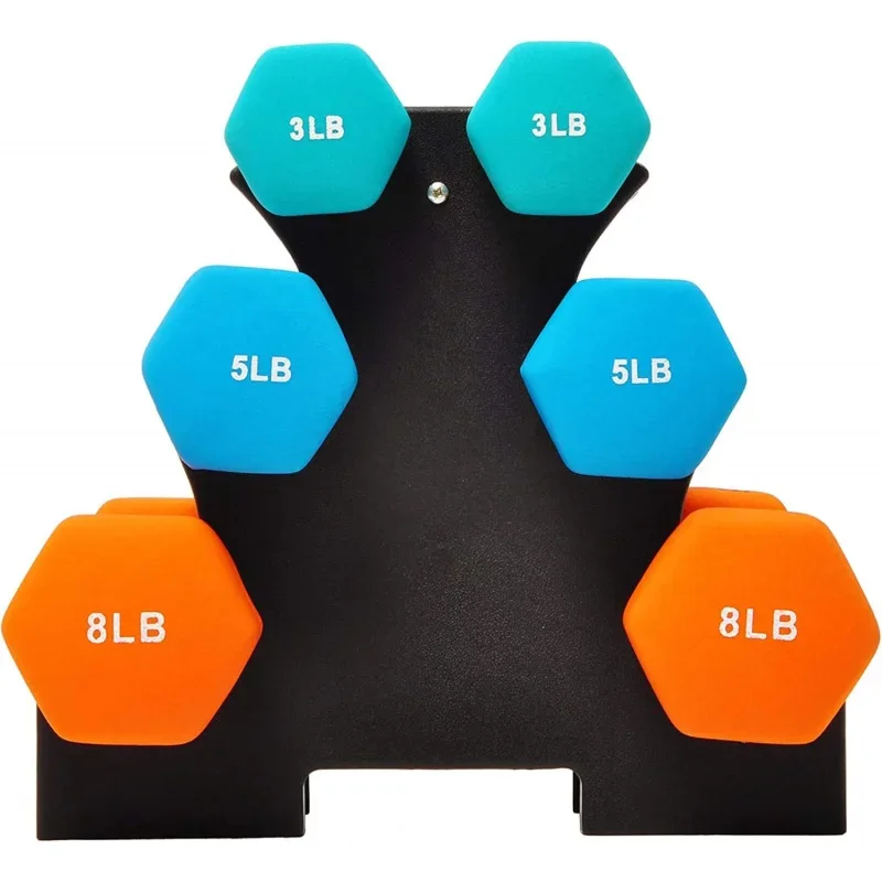 BalanceFrom Multi-Color Or Black Neoprene Coated Hexagon Dumbbell Set With Stand,Multiple Sizes