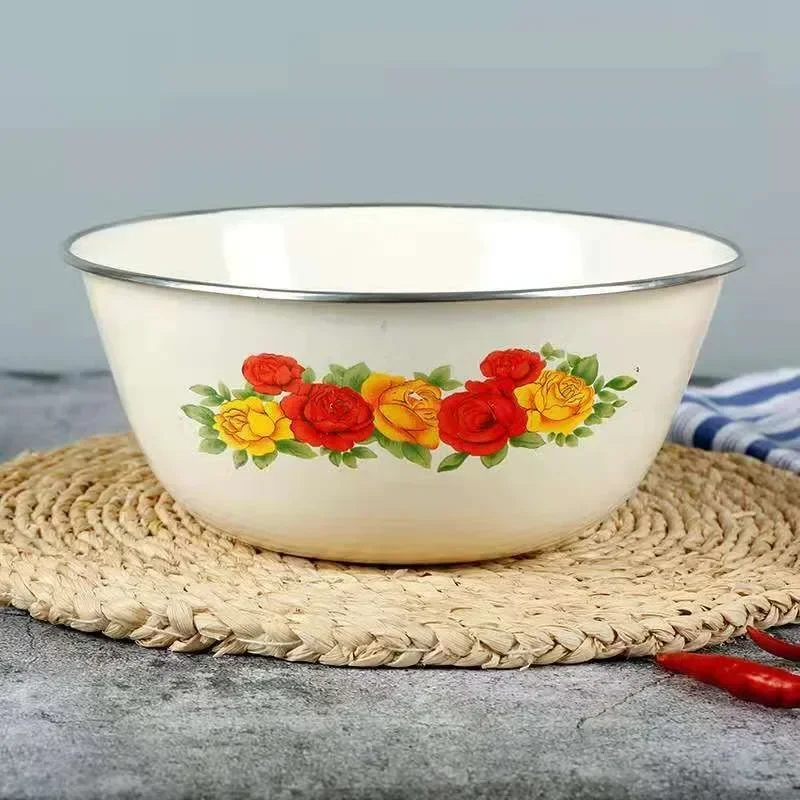 

Enamel preservation bowl with lid, nostalgic old style iron enamel soup pot, large capacity instant noodle bowl