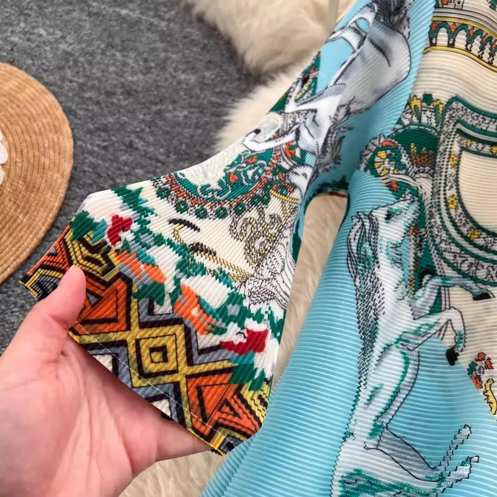 Miyake col rabattu robe plissée chemise femmes couleur bloc manches longues robes trapèze amples imprimé vêtements féminins