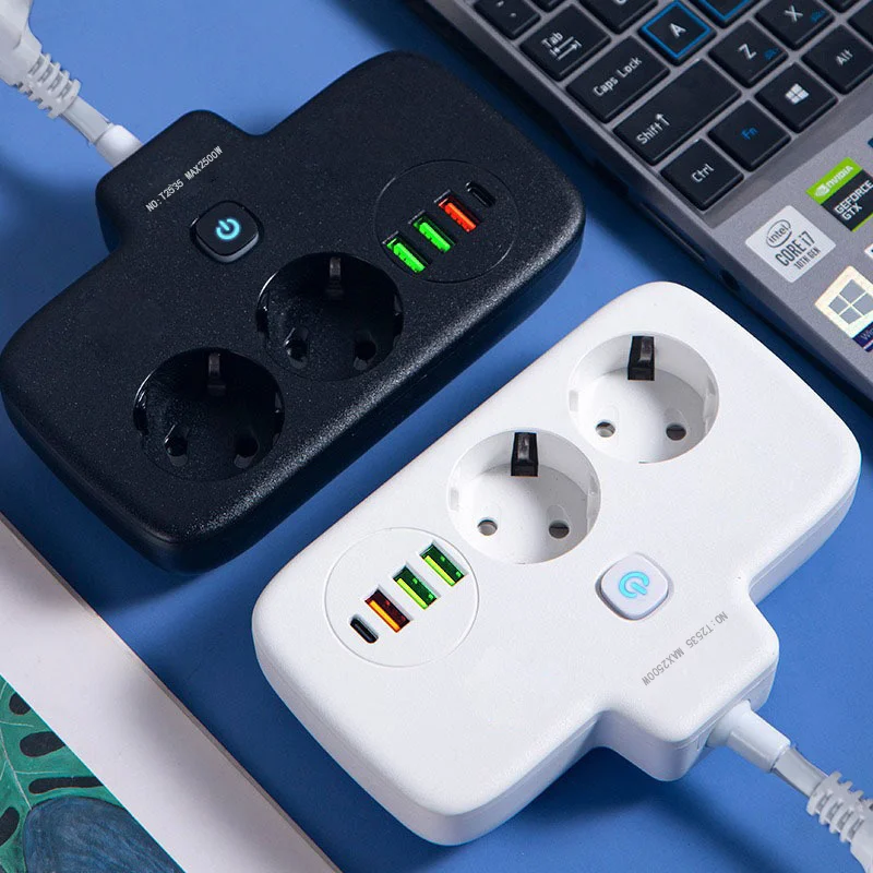 EU Plug Power Strip 2 Socket with 3 USB 1 Type-C Port Electrical Socket European Union Outlet Home Office Adapter 10cm Extension