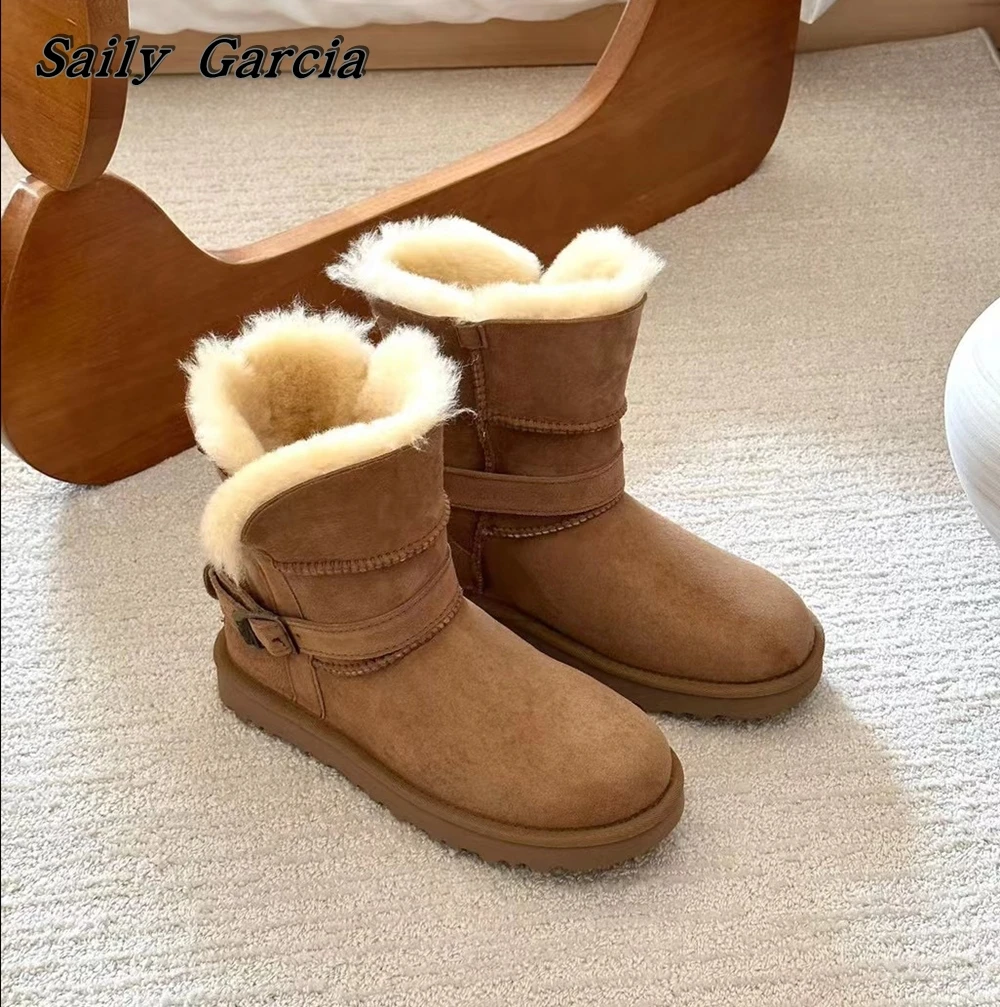 Solid Fur Wool Belt Buckle Strap Snow Boots Round Toe Waterproof Platform Short Boots Maillard Outfit Short Plush Slip On Boots