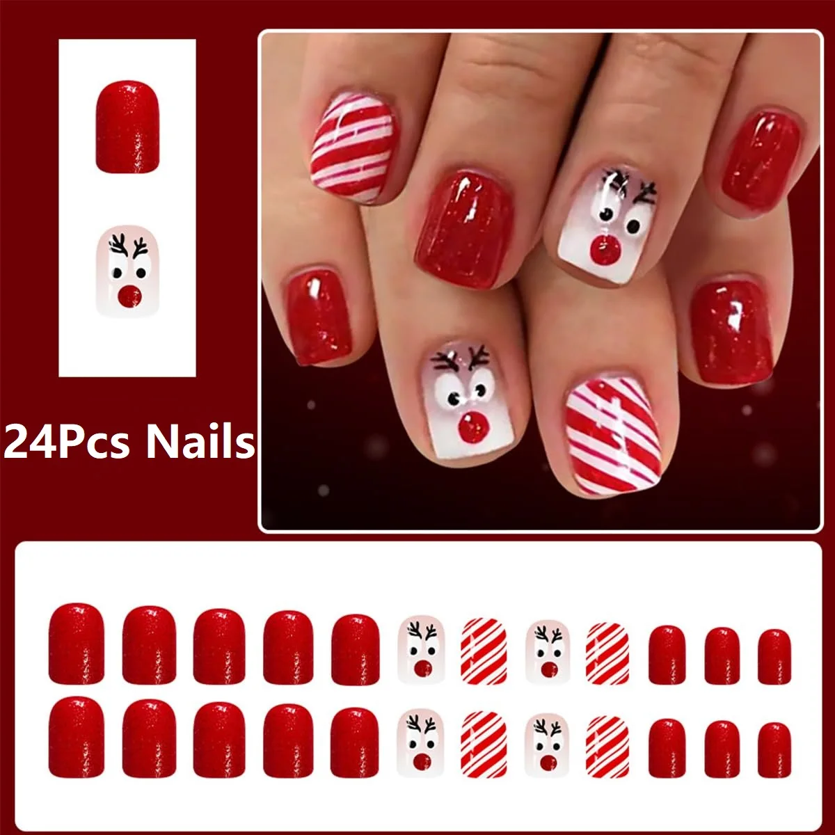 24 قطعة عيد الميلاد الصحافة على الأظافر قصيرة مربع الأظافر وهمية مع الكرتون إِلْكَة عيد الميلاد الحلوى تصميم نعش قصير الأظافر كاذبة بريق #2