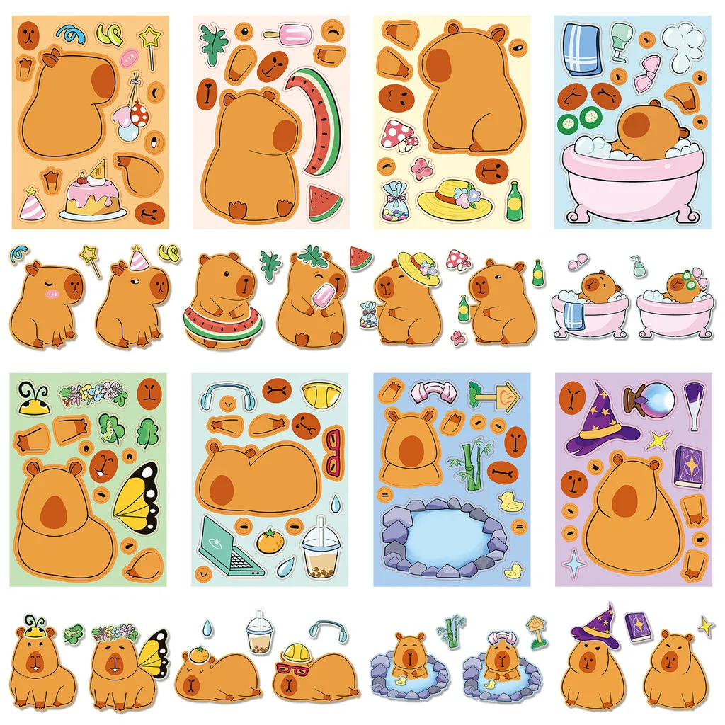 8 قطع من ملصقات ألغاز كابيبارا - ملصقات تعليمية تفاعلية بين الوالدين والطفل "صنع وجه" مقاومة للماء (متجر عوالم الرسوم المتحركة)