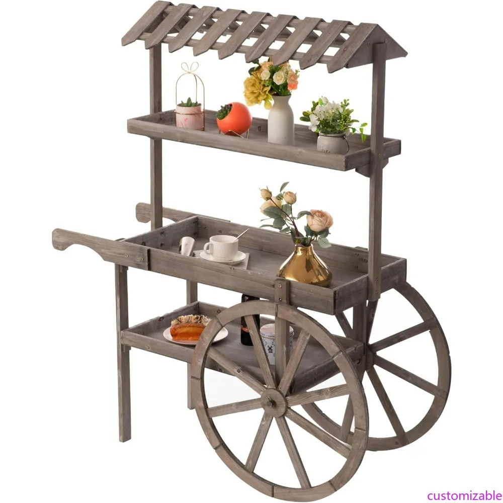 

Винтажная деревянная трехъярусная тележка на колесиках для растений и декоративных предметов