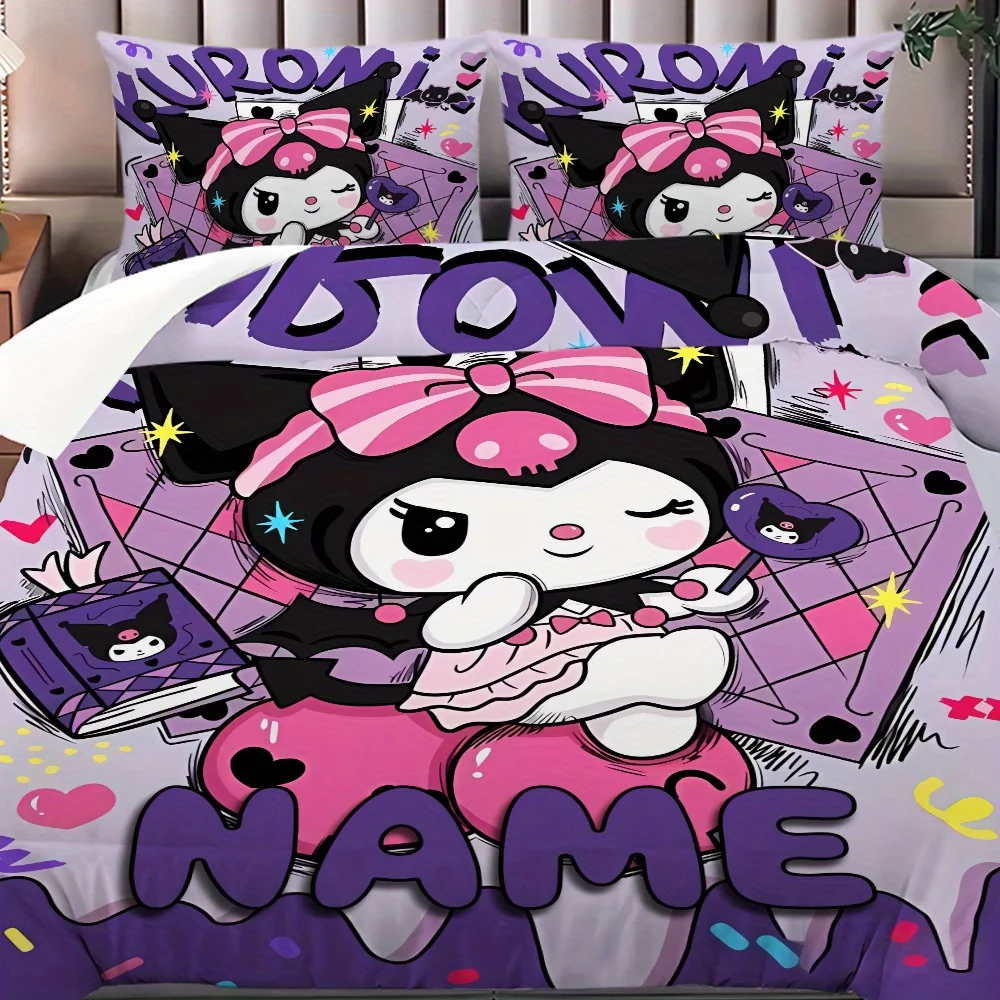 Conjunto de cama com capa de edredom kuromi personalizável, personalizado com seu nome, king queen, tamanho integral para quarto de crianças, melhores presentes