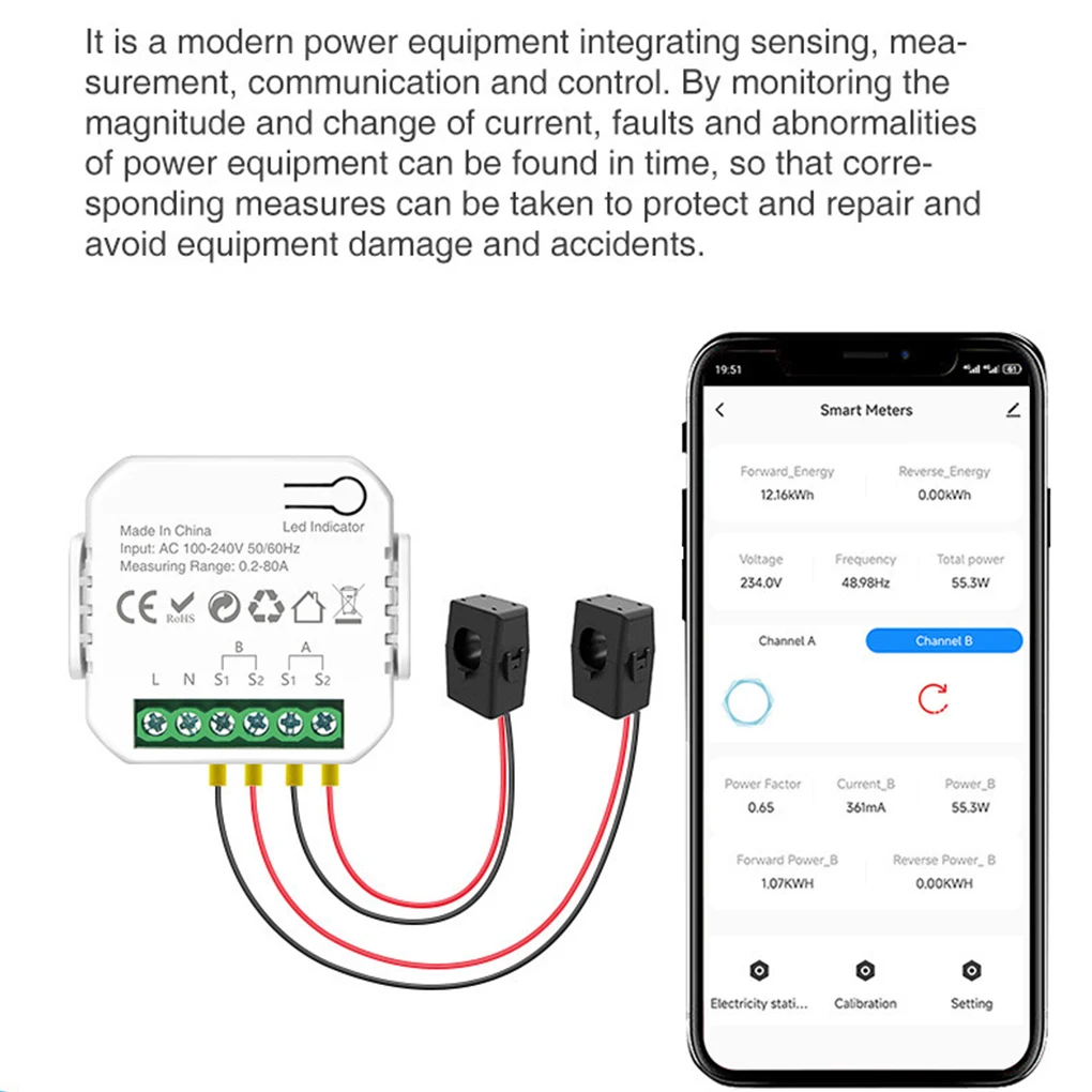 Tuya Smart Life WiFi Energy Monitor Bidirection 1/2 Channel with Clamp App Monitor Solar Produced and Consumed Power AC110V 240V