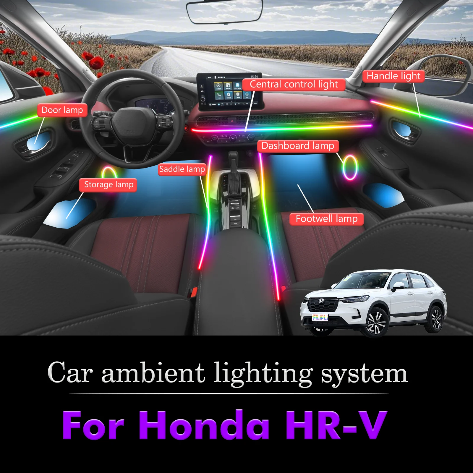 20 In1 For Honda HR-V 2010-2025Y Car Interior Ambient Lamps 64 Colorful Atmosphere Lights Auto LED Neon Strip App Control