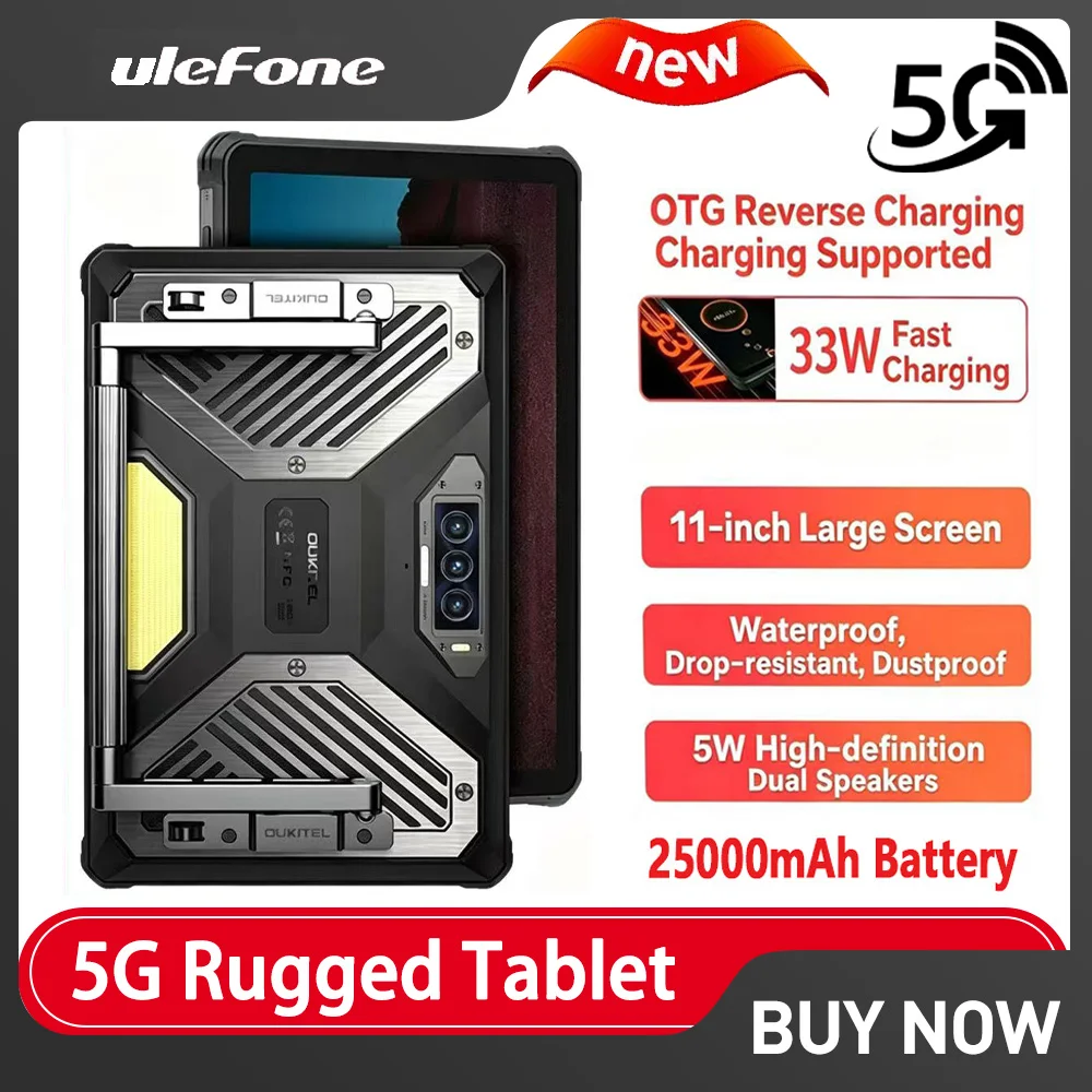 OUKITEL RT10 MTK 7400X CPU 5G Rugged Tablet 11inch FHD+IPS 25000mAh 12GB(+24GB) 512GB 64MP Camera Android 15 Tablets with Stand