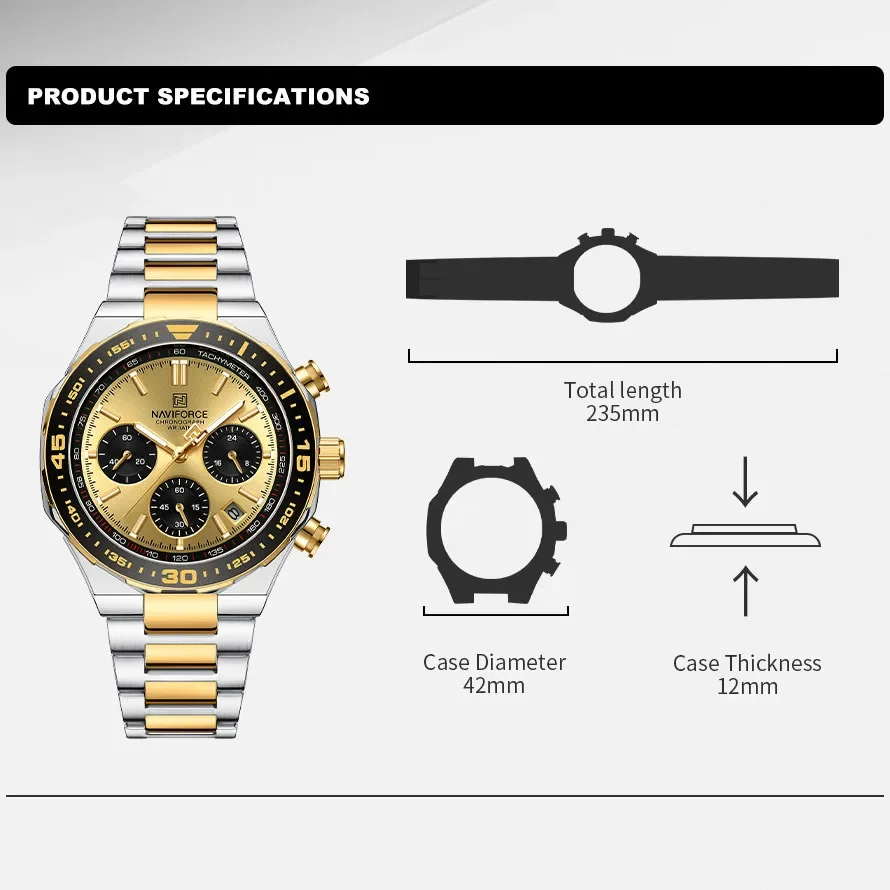 NAVIFORCE NF8049 Watch for Men Luxury Fashion Waterproof Stainless Steel Band Male Date Chronograph Quartz Wristwatch