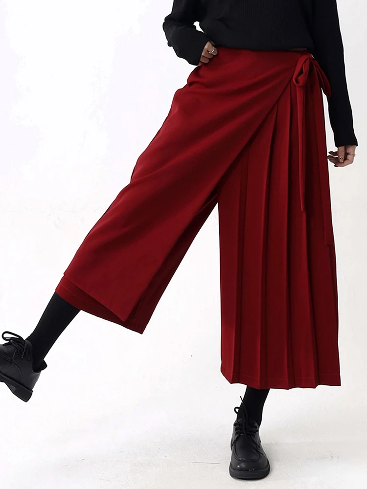 [EAM] High Elastic Waist Red Pleated Bandage Elegant Wide Leg Pants New Trousers Women Fashion Tide Spring Autumn 2025 1DH9565