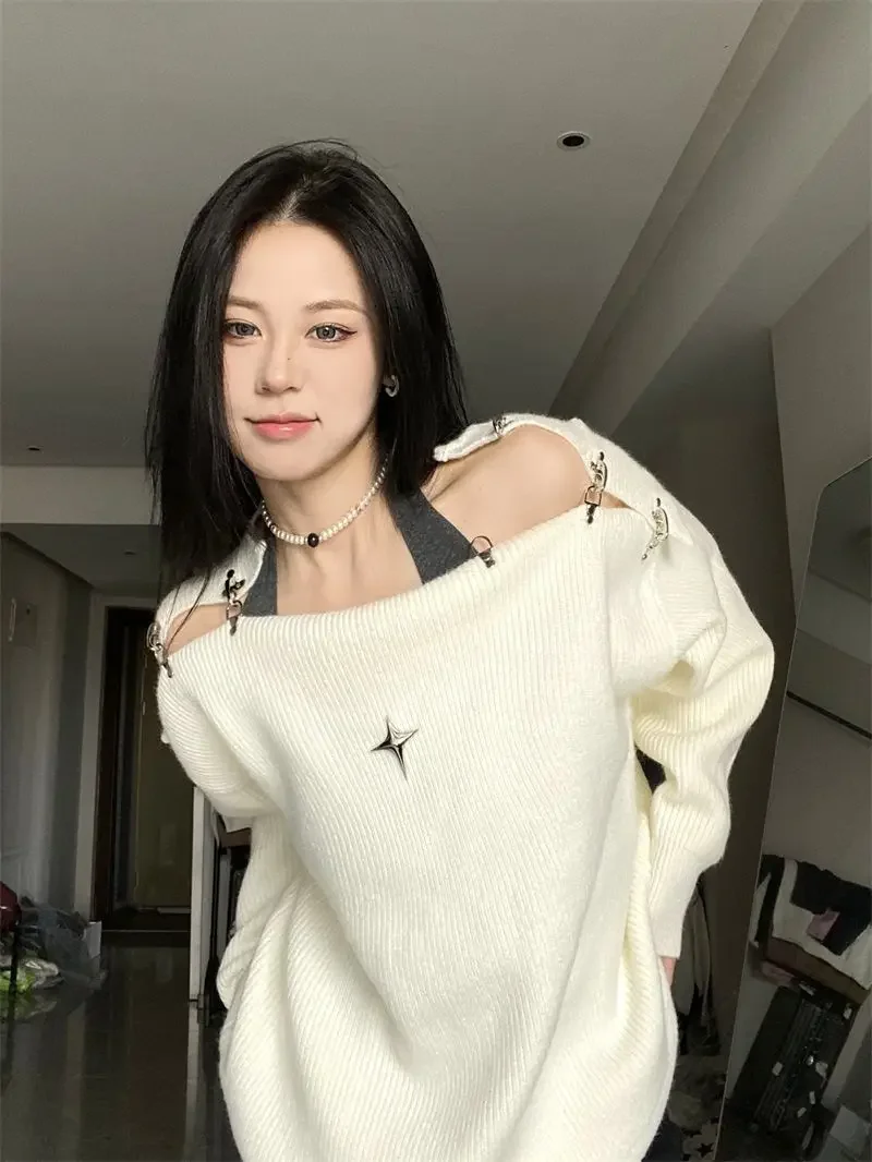 Sexy Off Shoulder Slash Neck Pullover Sweater Autumn 2024 Loose Casual Solid Jumpers Harajuku Vintage Fashion Y2k Tops Grunge