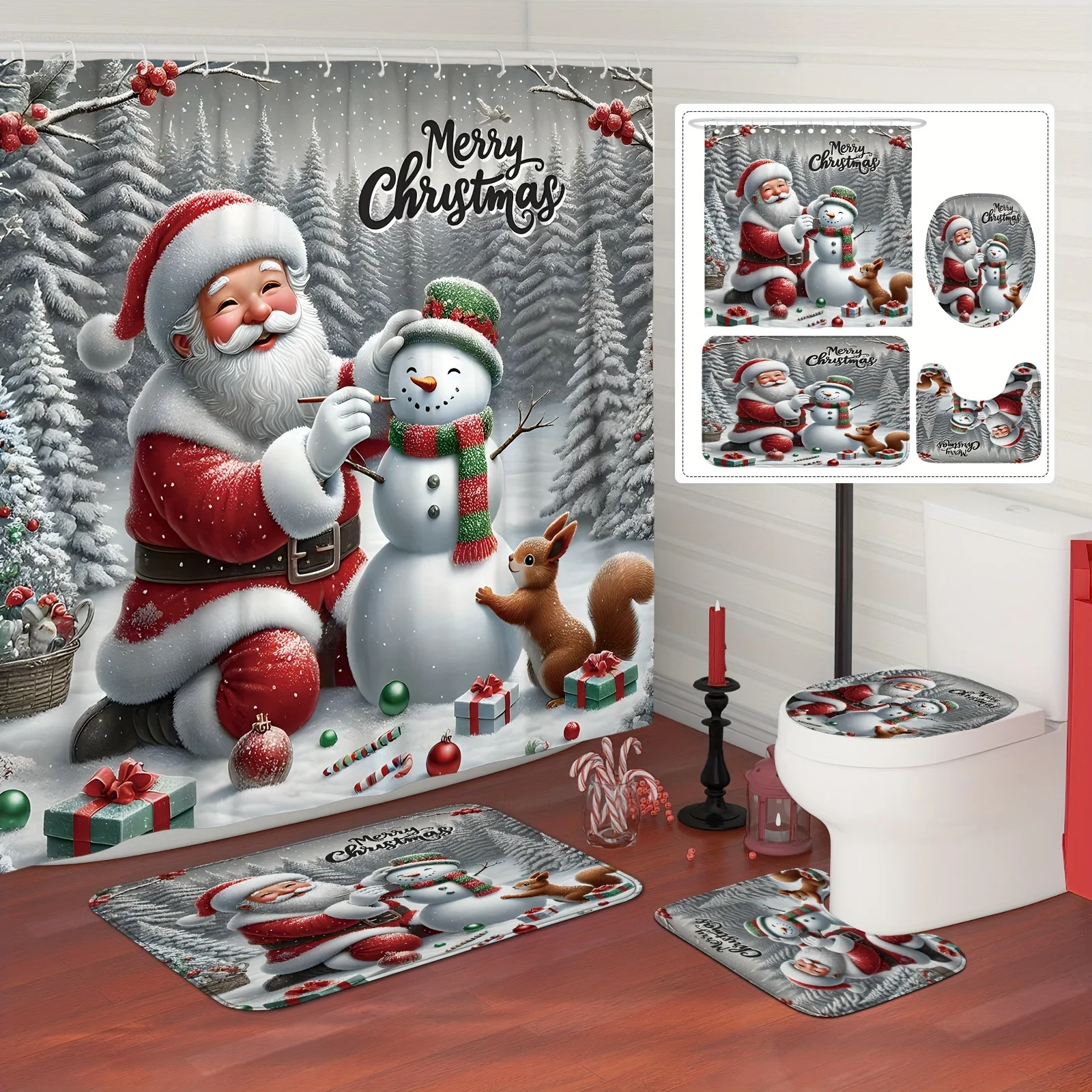 4PCS Merry Christmas Shower Set – Santa Snowman Squirrel Red White Print 12 Hooks Non-Slip Mat U-Seat Cover Holiday Decor