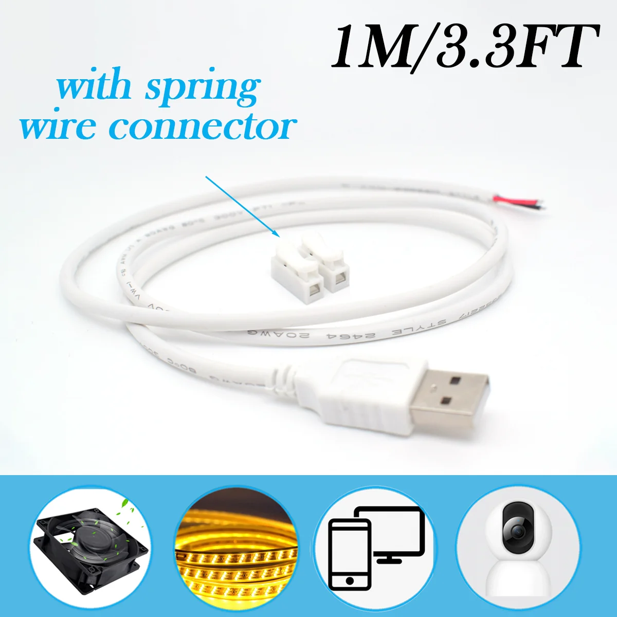 1PC 5V 5A USB 2.0 Male Cable - 20AWG Bare Wire End (1M) for High-Current LED/3D Printer/DIY Projects