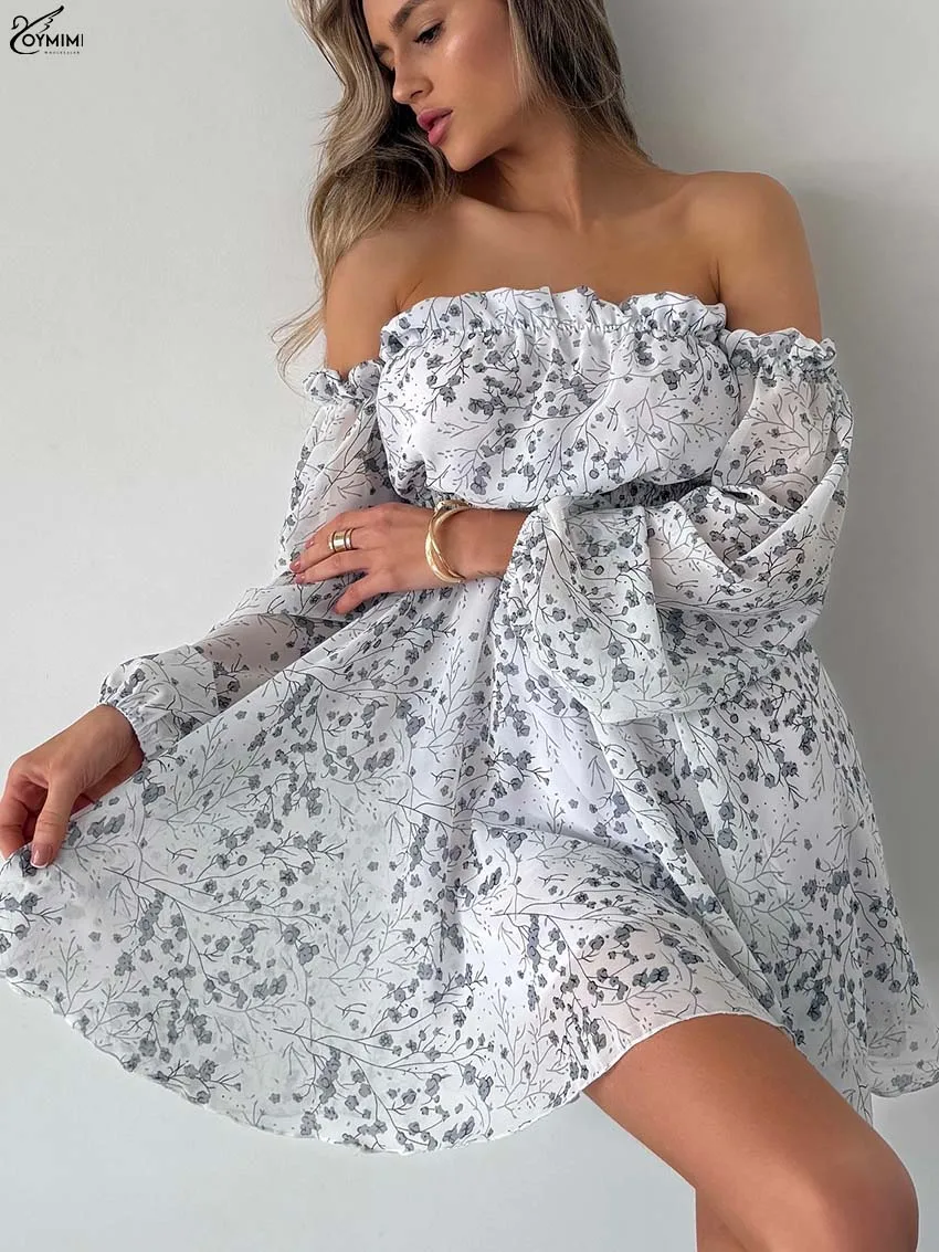 Oymimi Fashion Black Print Dresses 2025 Woman Elegant Strapless Open Back Long Sleeve Dresses Casual High Waist Loose Mini Dress