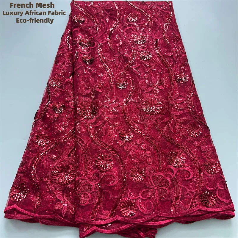 Red Nigerian Net Lace Fabric Sequined Embroidered French Mesh Tulle Lace Fabric 2024 High Quality African Dress for Women A3845