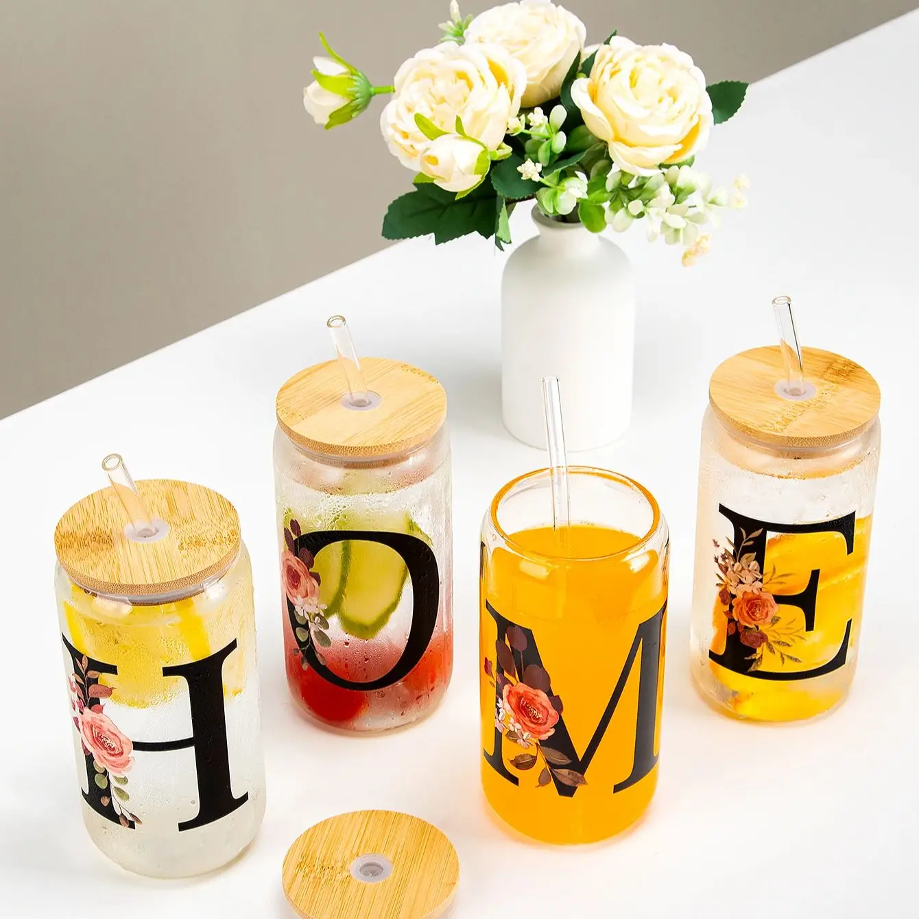 500ML Alphabet Flowers Glass Cups Letter A-X Coffee Water Juice Clear Cup with Lid Straw Brush Valentine's Day Wedding Home Gift