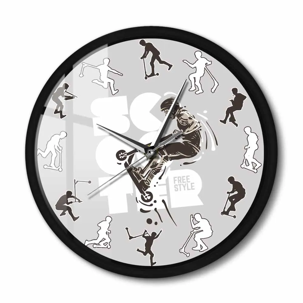 Stunt Scooter Metal Frame Wall Clock Silent Extreme Scooter Timepieces Wall Art Watch For Ride Gift Teen Boy Room Home Decor